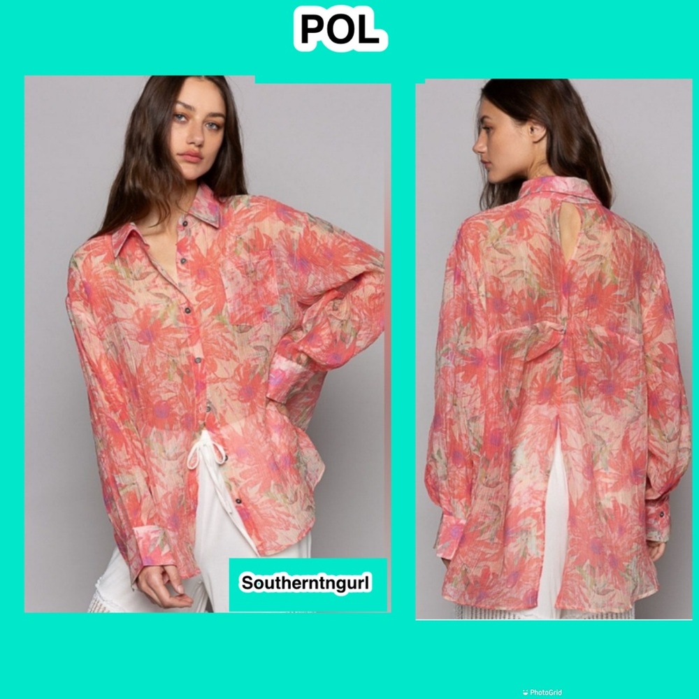 NWT  POL  Floral Sheer Button down long sleeve Blouse , Tunic, Top